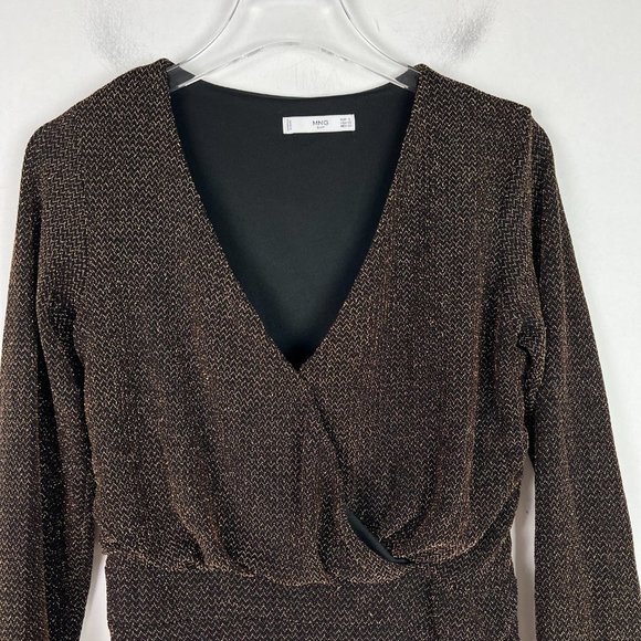 MNG Mango Metallic Gold Black Long Sleeve Mini Dress Size XS EUC W2572 - Picture 3 of 13